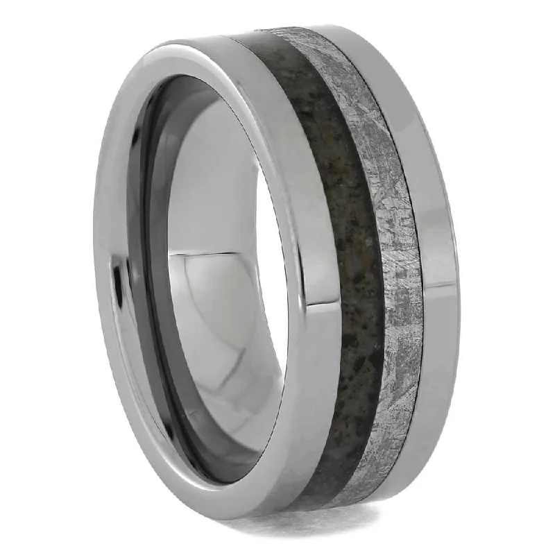 Tungsten Ring with Meteorite and Dinosaur Bone