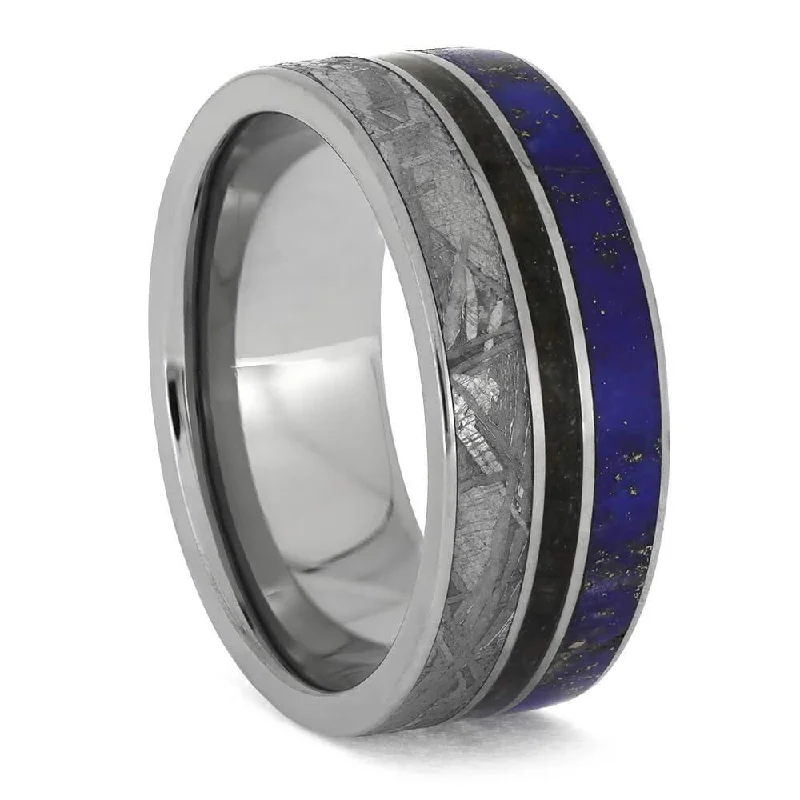 Lapis Lazuli and Meteorite Ring with Dinosaur Bone Pinstripe, In Stock