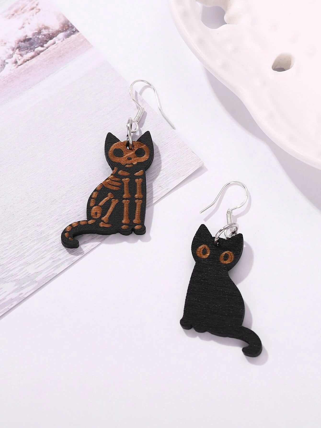 Black Skeleton Cat Earrings