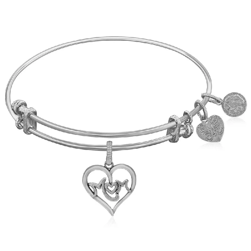 Expandable White Tone Brass Bangle with M-Heart-M Symbol