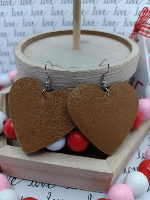 Brown Leather Style Heart Earrings