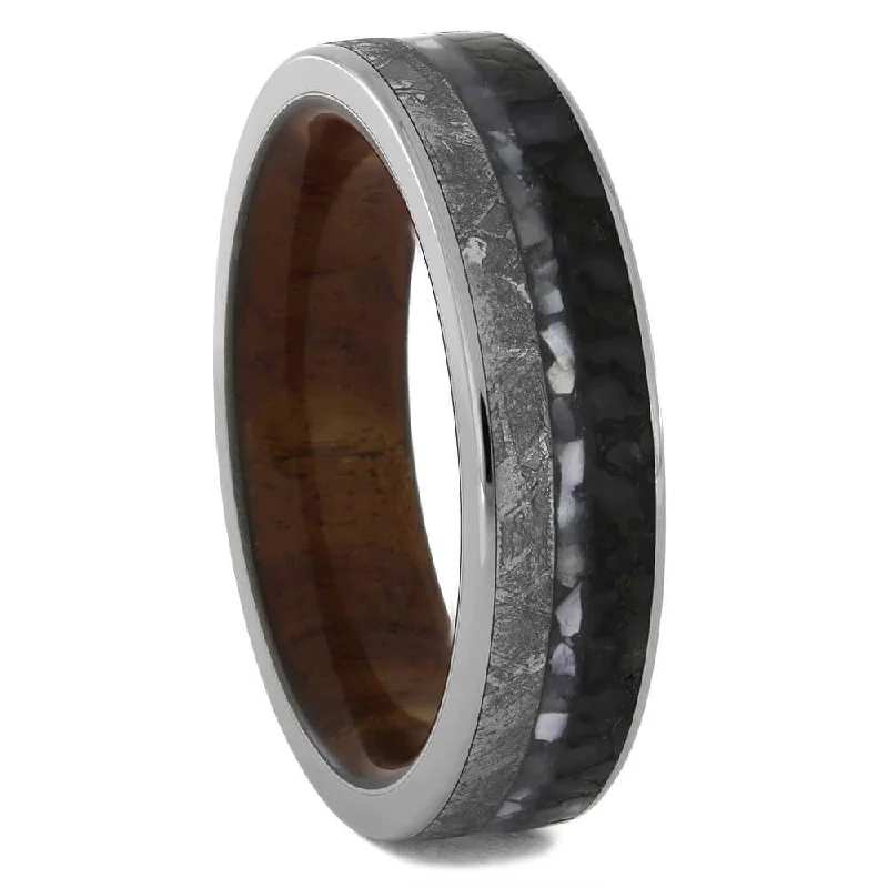 Tulipwood, Meteorite, and Dinosaur Bone Wedding Band