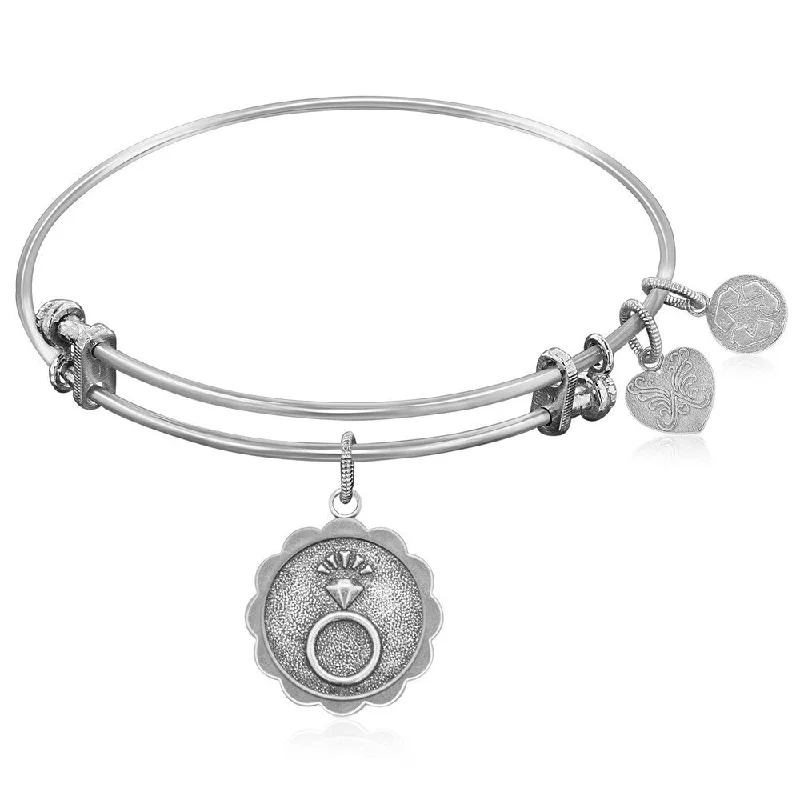 Expandable Bangle in White Tone Brass with Engaged Commitment Symbol