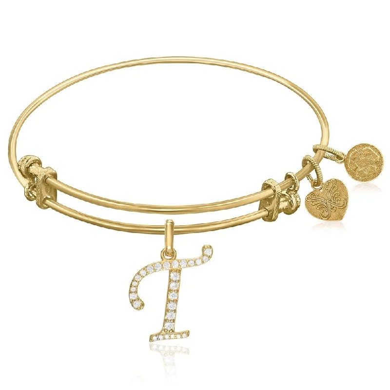 Expandable Yellow Tone Brass Bangle with T Symbol with Cubic Zirconia