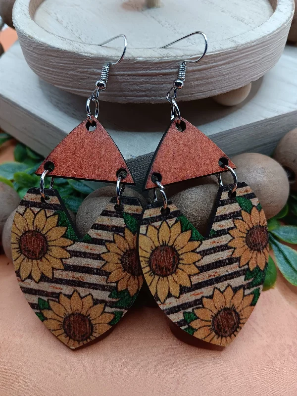 Wooden Sunflower Hinge Style Earrings