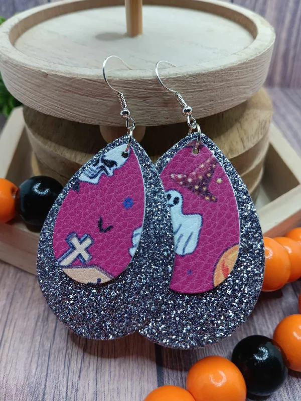 Double Layered Purple Glitter w/ Ghost Design Leather Style Earrings