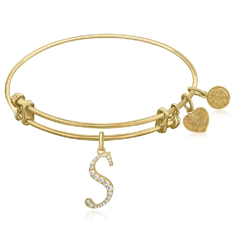 Expandable Yellow Tone Brass Bangle with S Symbol with Cubic Zirconia