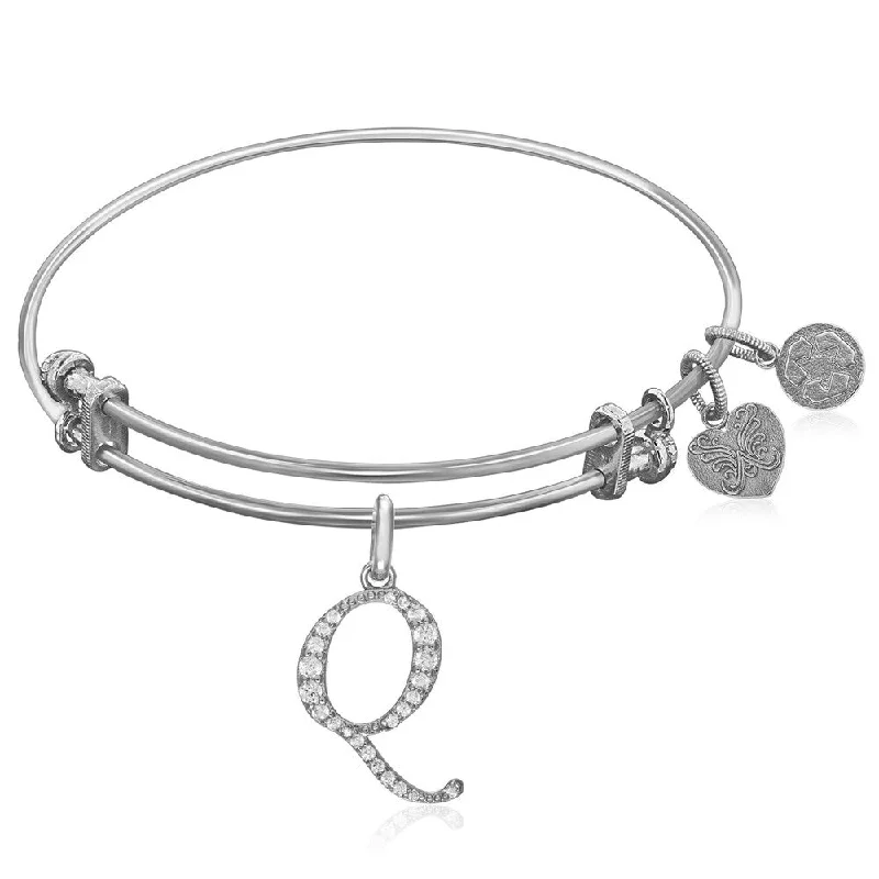 Expandable White Tone Brass Bangle with Q Symbol with Cubic Zirconia