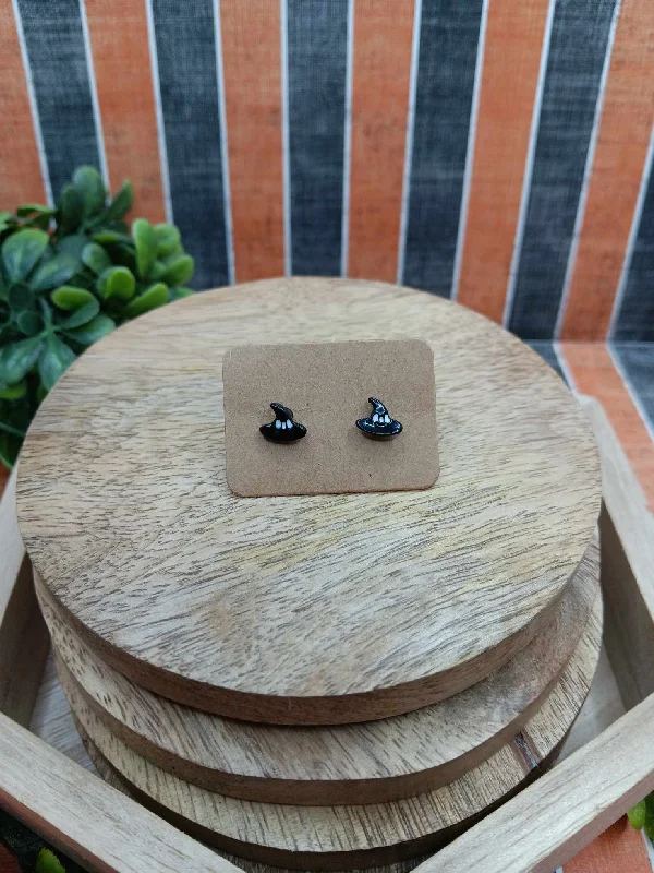 Black Witch Hat Earrings w/ White Accents