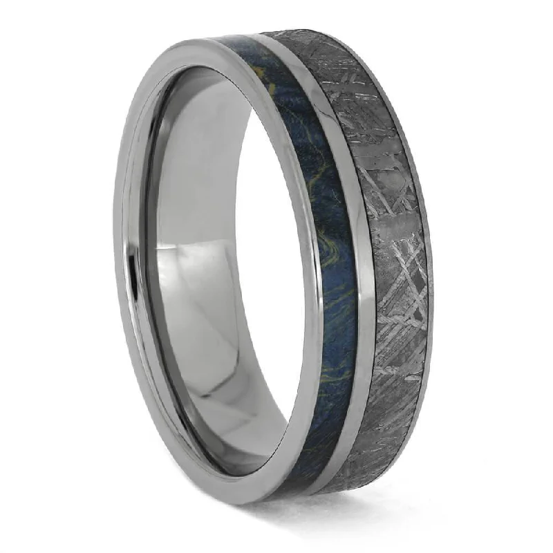 Meteorite and Blue Wood in Titanium Band