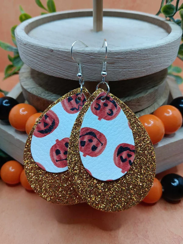 Double Layered Jack O' Lantern Earrings w/ Gold Glitter