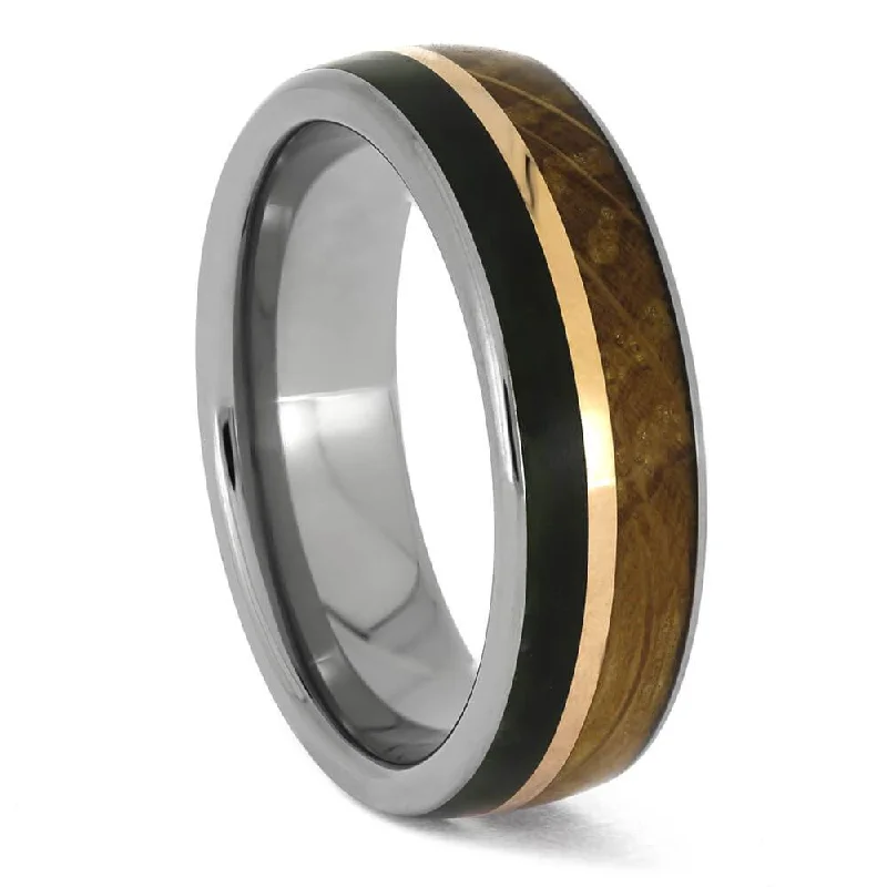 Jade and Whiskey Barrel Wood Ring with Rose Gold Accent