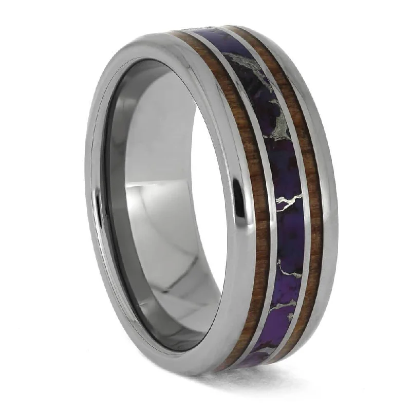 Flashy Lightning Turquoise and Wood Ring in Titanium