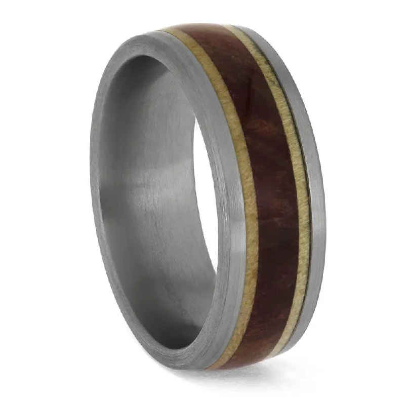 Ruby Redwood Burl and Maple Wood Wedding Band