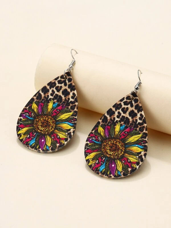 Rainbow Leopard Sunflower Leather Style Earrings