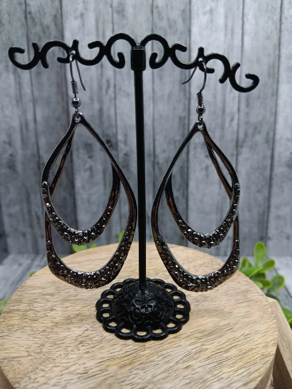 Gunmetal Teardrop Style Earrings w/ Rhinestone Accents