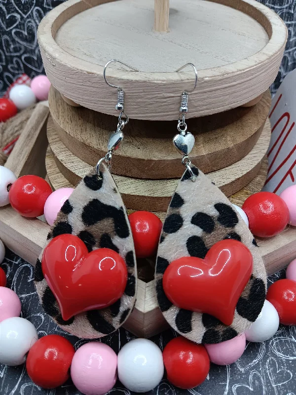 Faux Leopard Earrings w/ Red Hearts