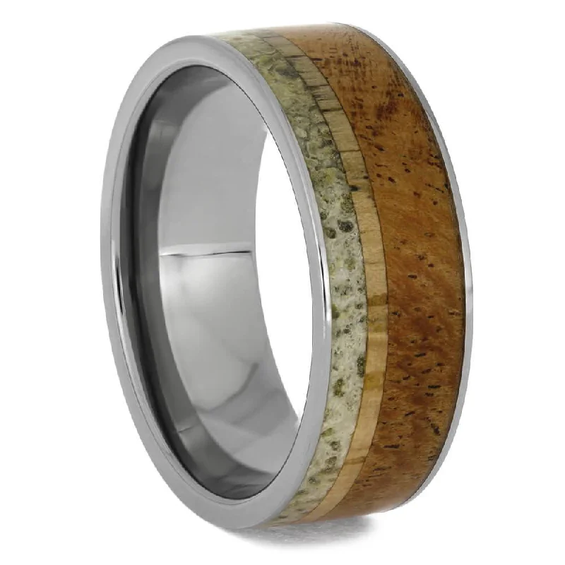 Men's Wood Wedding Band with Deer Antler Pinstripe