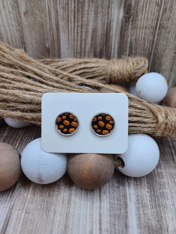 Black Leather Earrings w/ Orange Jack O Lantern Pumpkins