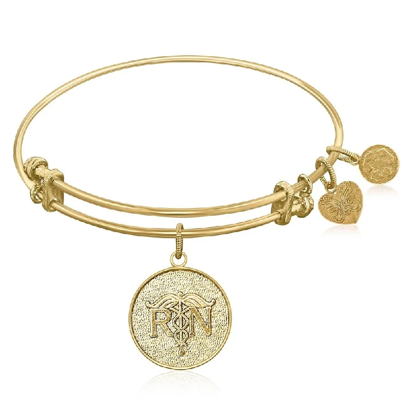 Expandable Bangle in Yellow Tone Brass with Registered Nurse Care Compassion