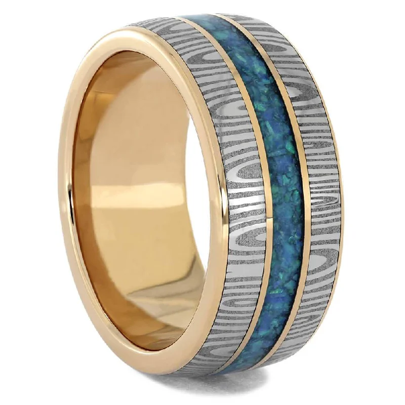 Damascus & Opal Wedding Band in Rose Gold