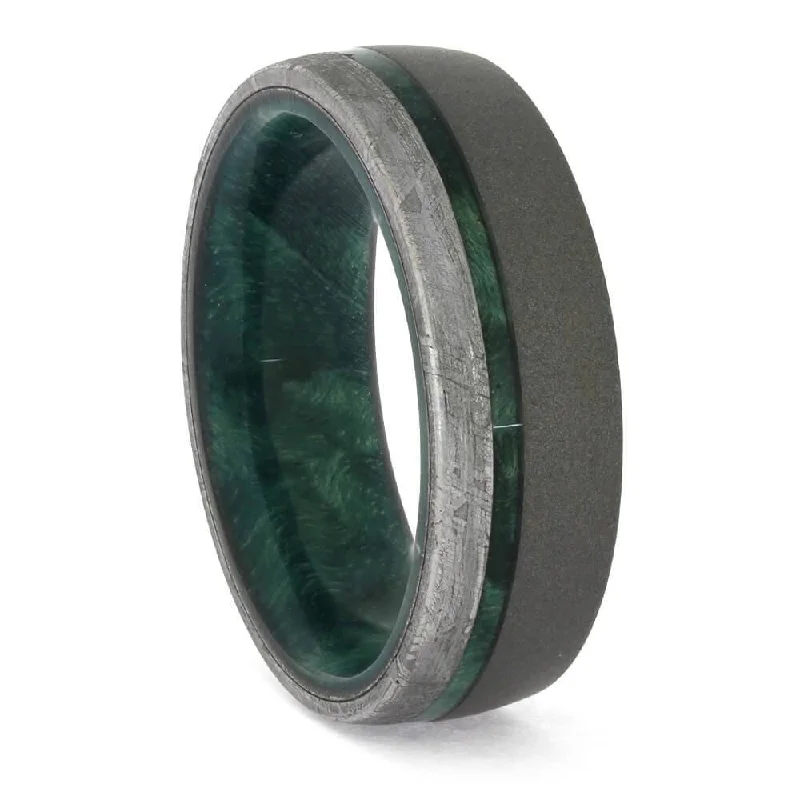 Green Wood and Meteorite Wedding Band in Sandblasted Titanium