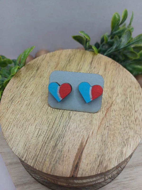 Blue & Red Wooden Heart Earrings