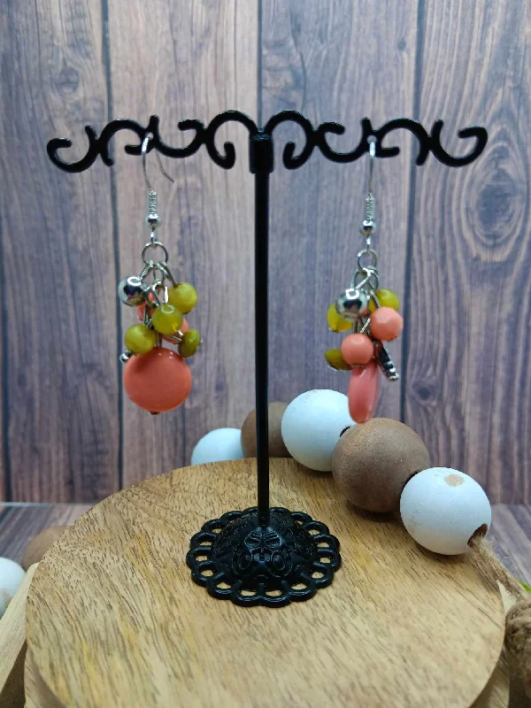 Coral, Green, & Silver Beaded Earrings