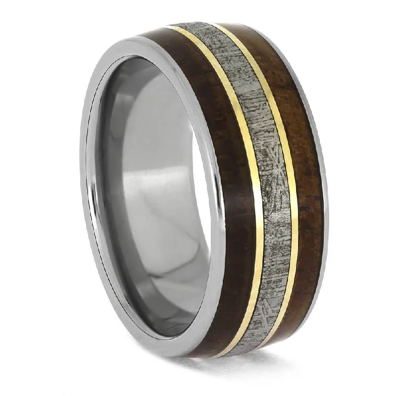 Masculine Meteorite and Wood Ring with Yellow Gold Accents