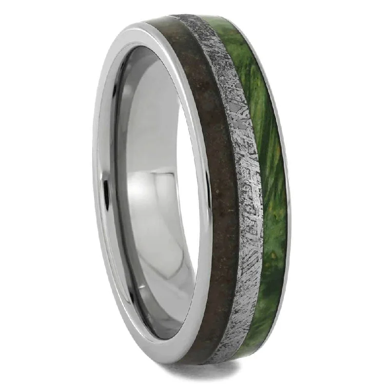 Meteorite, Dinosaur Bone & Green Wood Ring