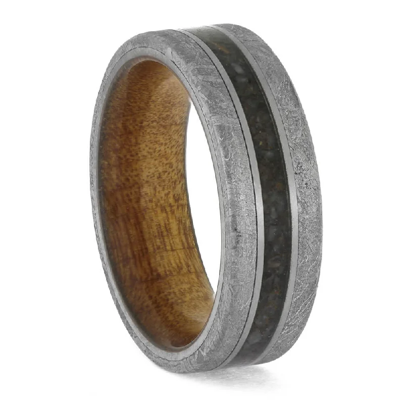 Wood-Sleeved Meteorite and Dinosaur Bone Unisex Ring