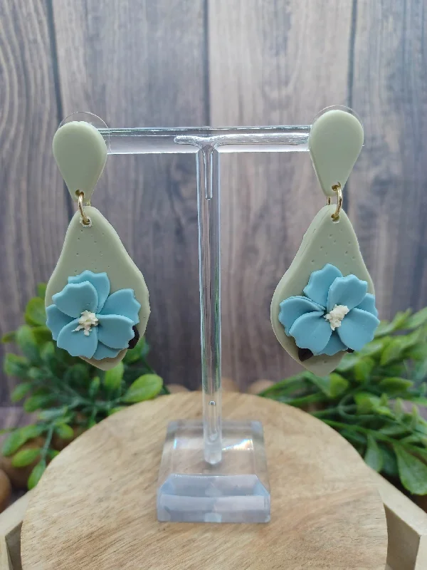 Green Clay Style Earrings w/ Blue Flower