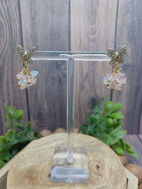 Butterfly Rhinestone Earrings w/ Pink Beaded Clusters