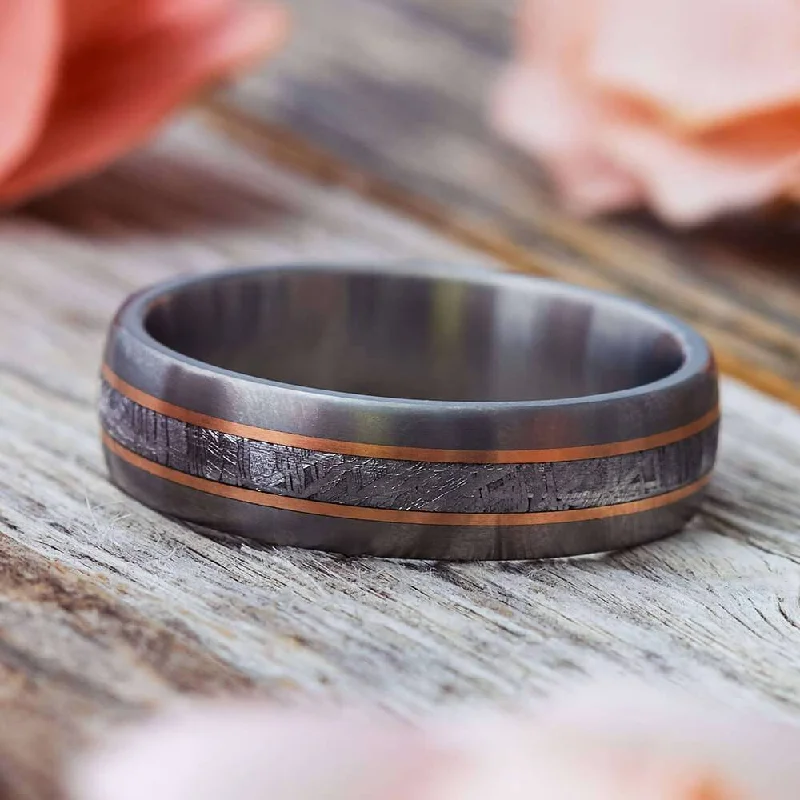 Meteorite Wedding Band with Rose Gold Pinstripes