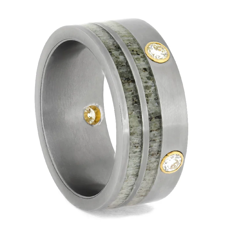 Diamond Wedding Band with Deer Antler in Titanium