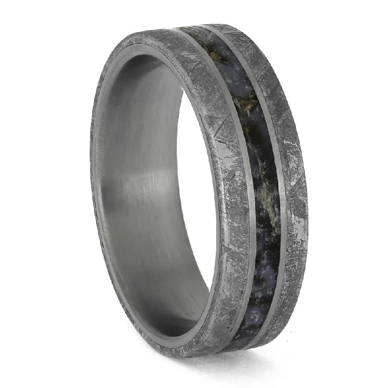 Blue Dinosaur Bone Next to Meteorite on Titanium Band