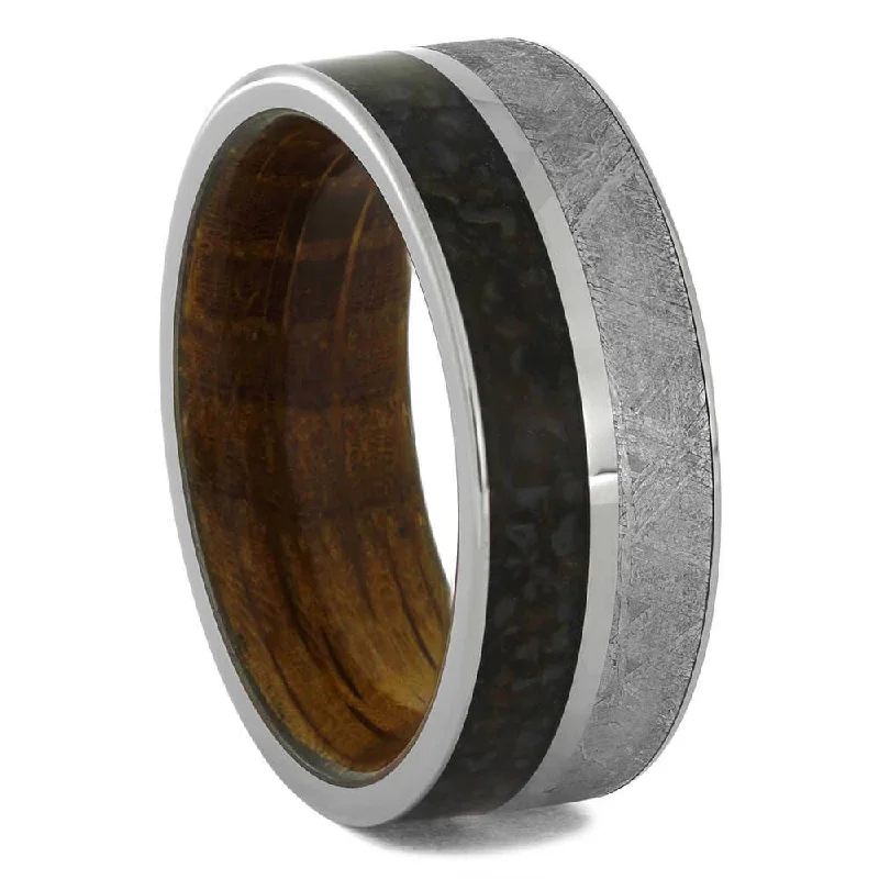 Meteorite & Dinosaur Bone Ring with Whiskey Barrel Sleeve