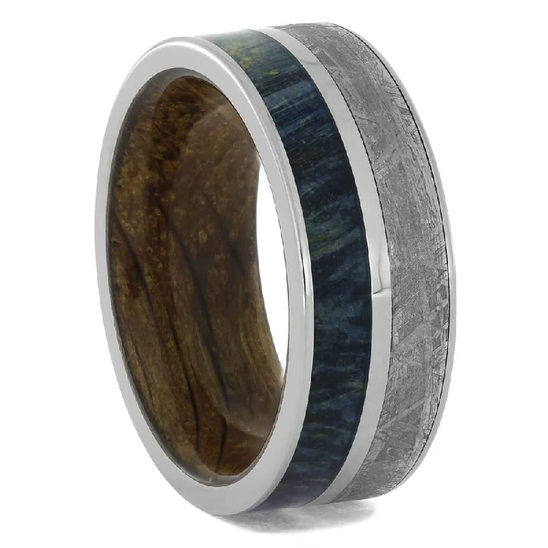 Blue Wood and Whiskey Barrel Ring with Meteorite