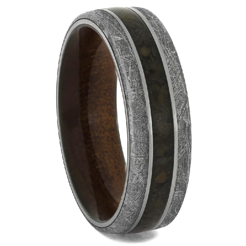 Meteorite and Fossil Ring with Kauri Wood Sleeve