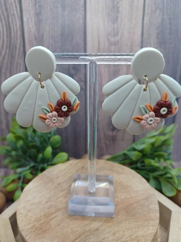 White Clay Style Earrings w/ Floral Embellishment