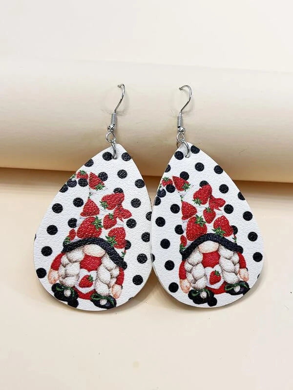 Black & White Polka Dot Strawberry Gnome Leather Style Earrings