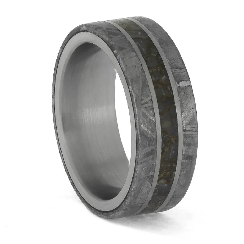 Premium Colored Dinosaur Bone Surrounded by Genuine Meteorite on Titanium Band