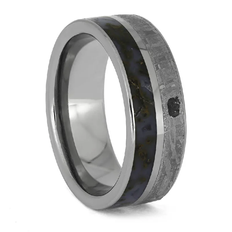 Shocking Blue Dinosaur Bone in Titanium Ring with Meteorite