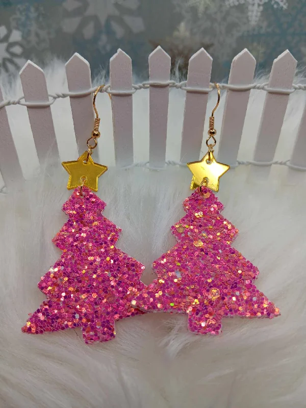 Pink Glitter Christmas Tree Earrings