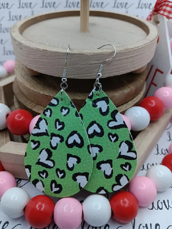 Green Heart Leather Style Earrings