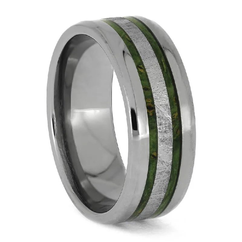 Meteorite and Lime Green Wood Ring, Titanium Band