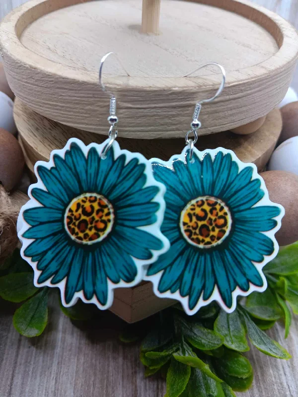 Teal Flower w/ Leopard Center Earrings