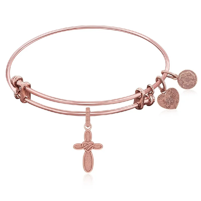 Expandable Bangle in Pink Tone Brass with Cross with Heart Symbol