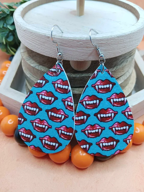 Blue Vampire Mouth Leather Style Earrings