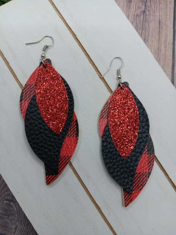 Triple Layered Red Buffalo Plaid & Glitter Leather Style Earrings